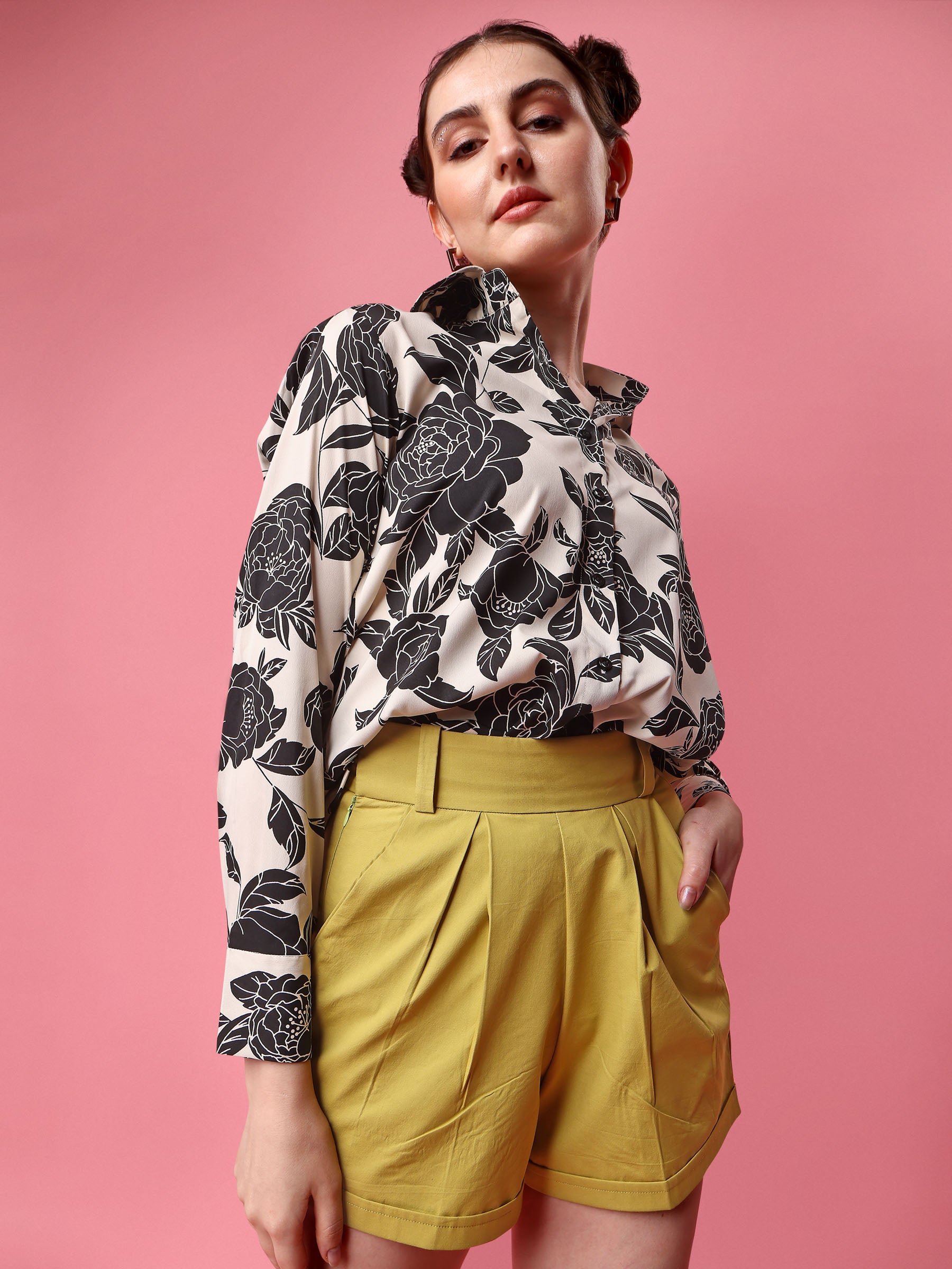 Off White Base Black Floral Print Shirt (Top Only)