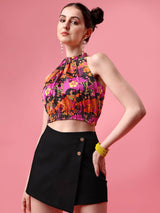 Black Satin Printed Crop Top & Highwaist Skort (Combo)