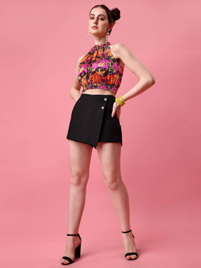 Black Satin Printed Crop Top & Highwaist Skort (Combo)