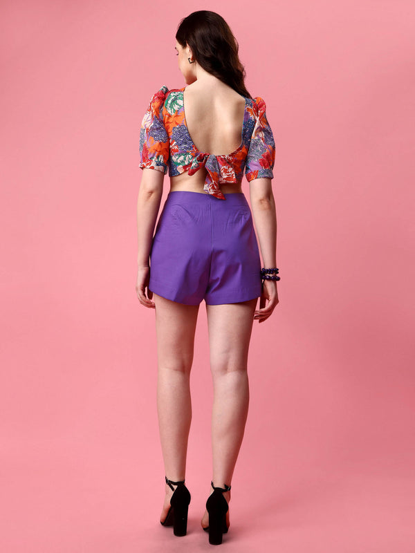 Multicolor Cotton Crop Top & Solid Purple High Waist Short (Combo)