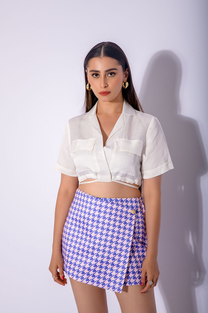 White Crop Shirt & Houndstooth Mini Skort (Combo)