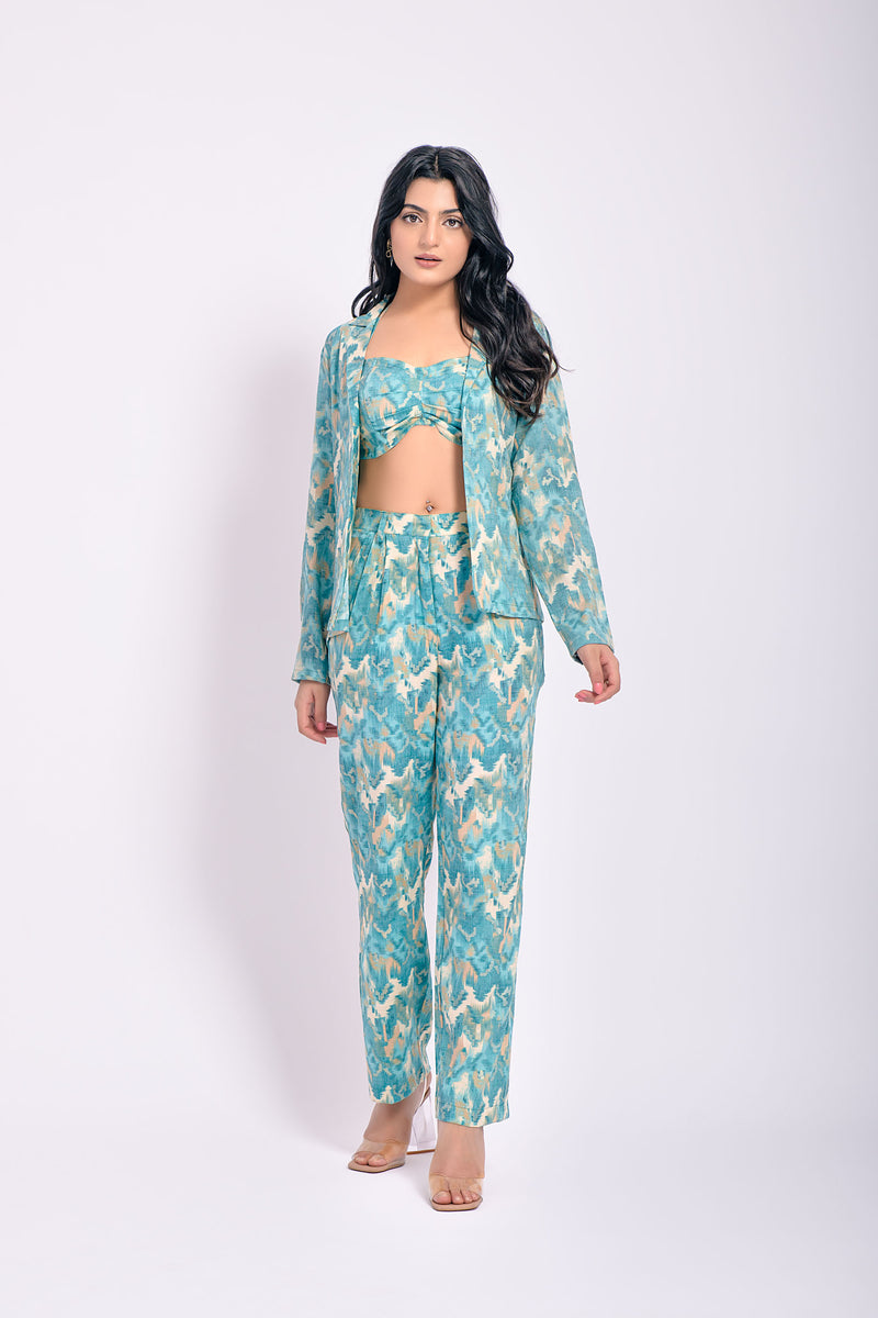 Turquoise Printed 3 Piece Co Ord Set (Combo)