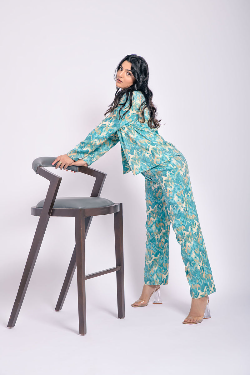 Turquoise Printed 3 Piece Co Ord Set (Combo)