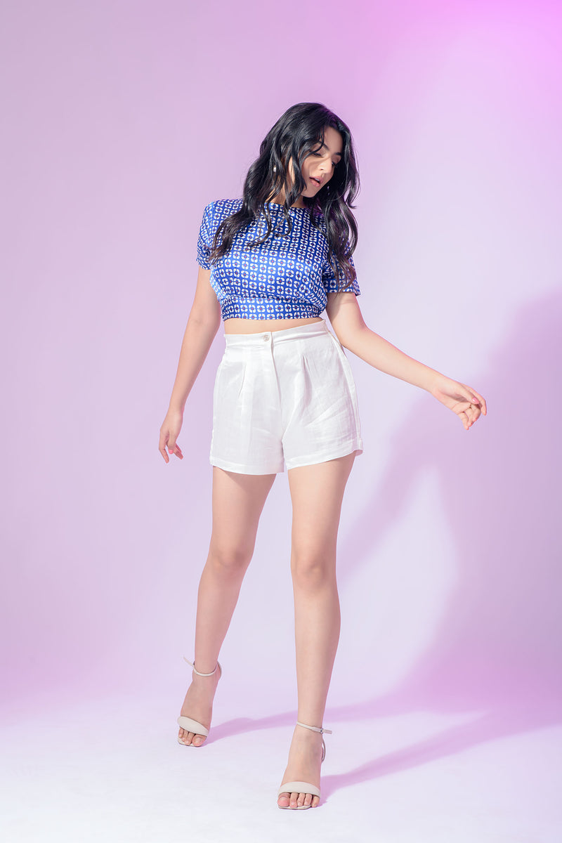 Blue Satin Printed Crop Top (Top Only)