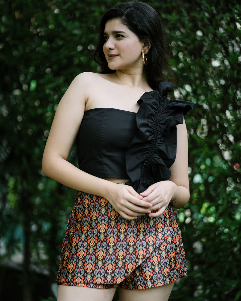 Black Ruffled Crop Top & Ikat Print Skort (Combo)