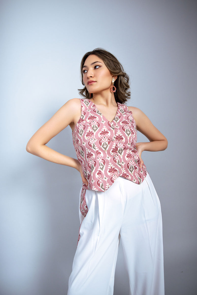 Pink Ikat Waist Coat With Trouser (Combo)