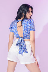 Blue Satin Printed Crop Top (Top Only)