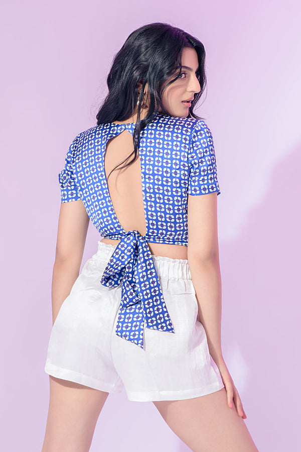 Blue Satin Printed Crop Top (Top Only)